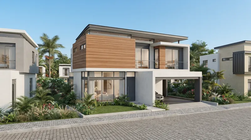 Vivienda moderna de dos pisos terminada, en blanco, madera y gris, en una urbanización con casas vecinas